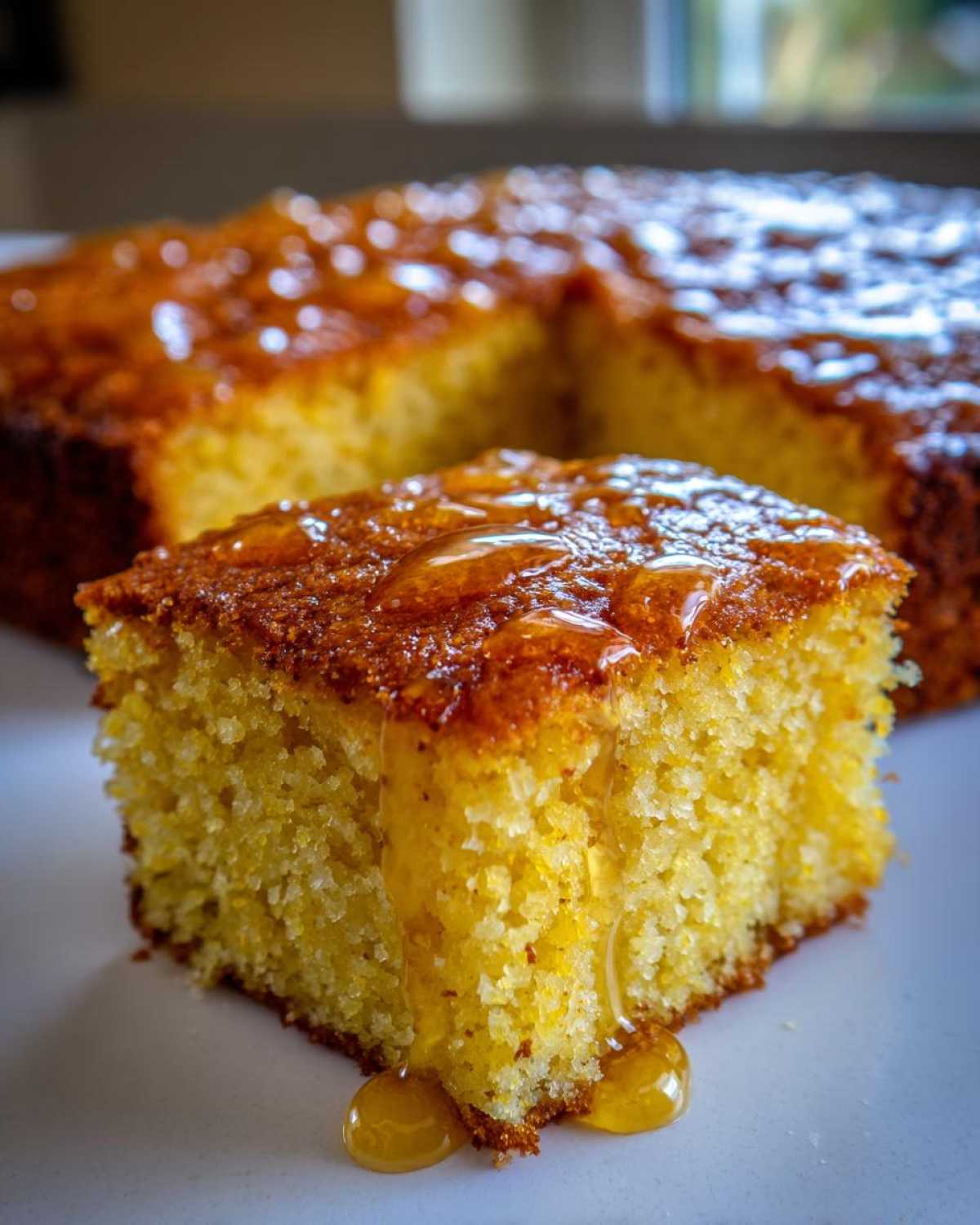 A close-up, mouthwatering slice of golden sourdough cornbread generously drizzled with honey.