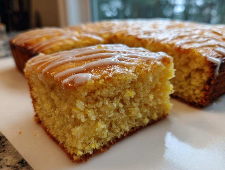 Close-up of a square slice of moist, yellow sourdough cornbread topped with a white glaze drizzle.