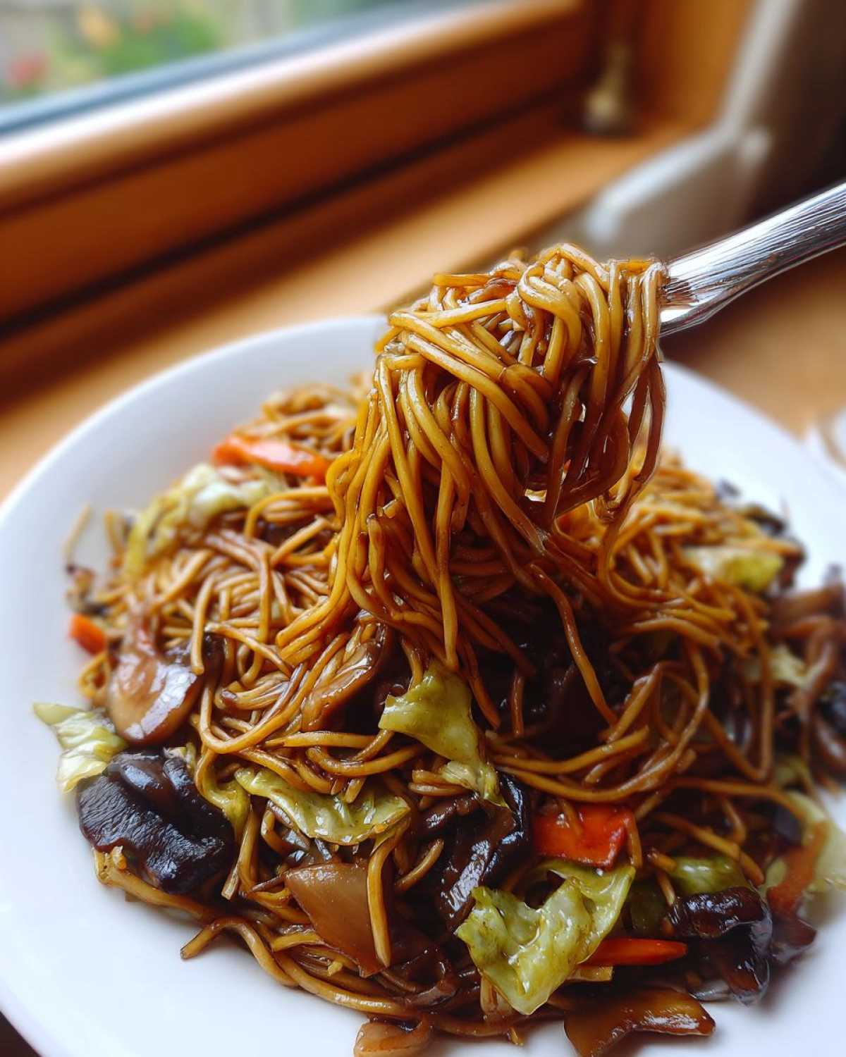 A fork lifts a generous portion of glossy, dark soy sauce fried noodles mixed with cabbage and mushrooms.