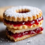 Close-up of two stacked linzer cookies filled with bright red raspberry jam and dusted with powdered sugar.