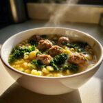 A close-up of a steaming white bowl filled with homemade wedding soup, featuring small meatballs, pasta, and dark greens.