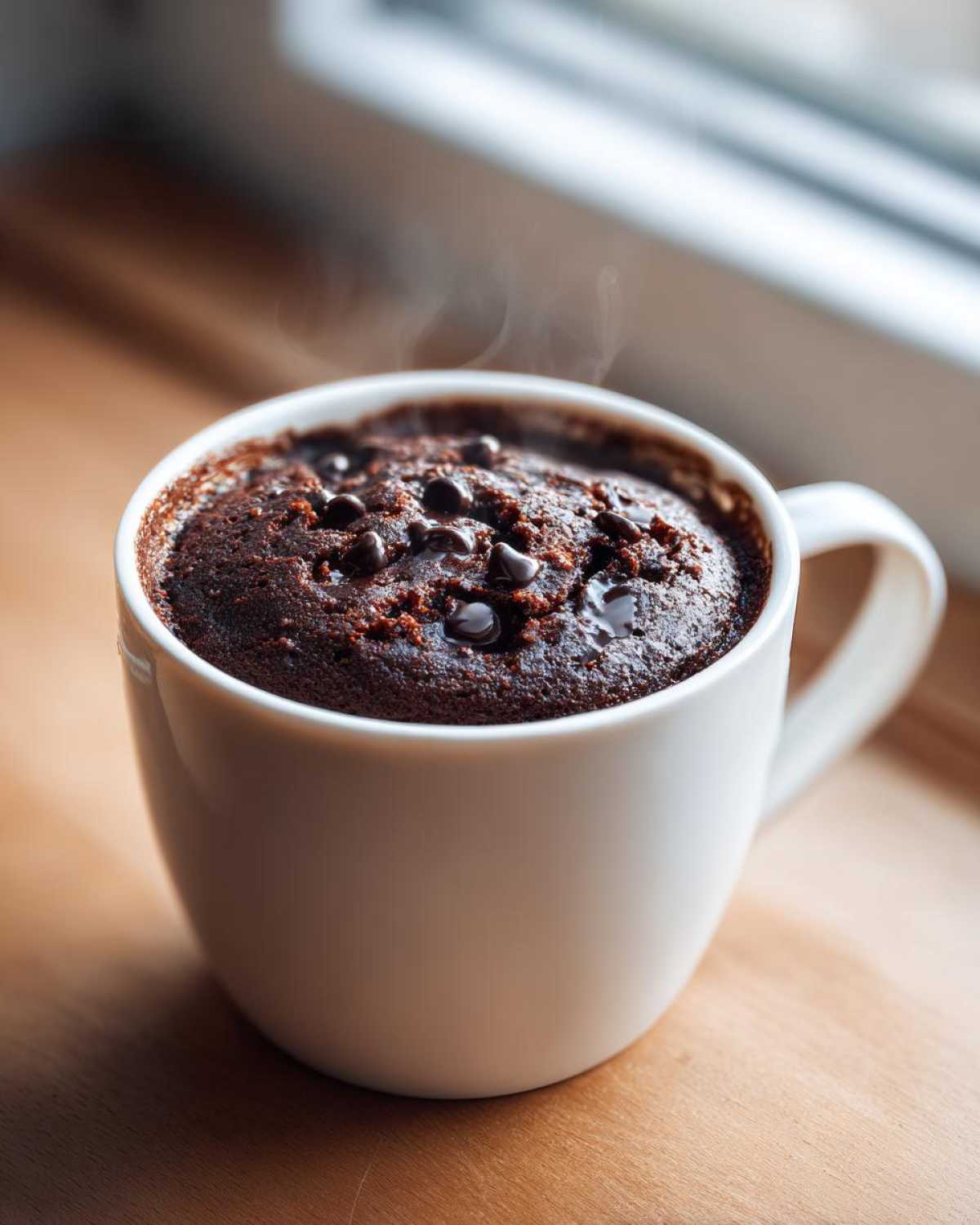 A freshly baked, steaming chocolate mug cake topped with melted chocolate chips in a white mug.