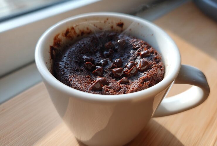 A close-up of a freshly baked, steaming chocolate mug cake topped with melted chocolate chips.