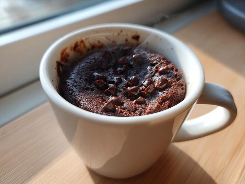A close-up of a freshly baked, steaming chocolate mug cake topped with melted chocolate chips.