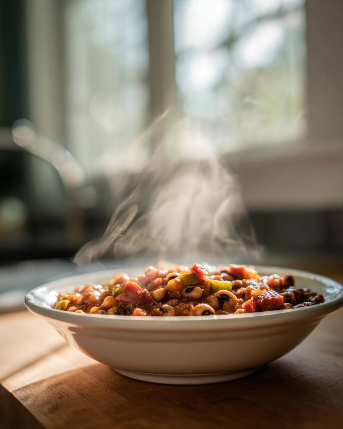 A white bowl filled with hot, steaming black eyed peas mixed with sausage and peppers.