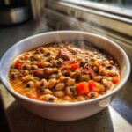 A close-up of a steaming white bowl filled with creamy black eyed peas, chunks of meat, carrots, and celery.