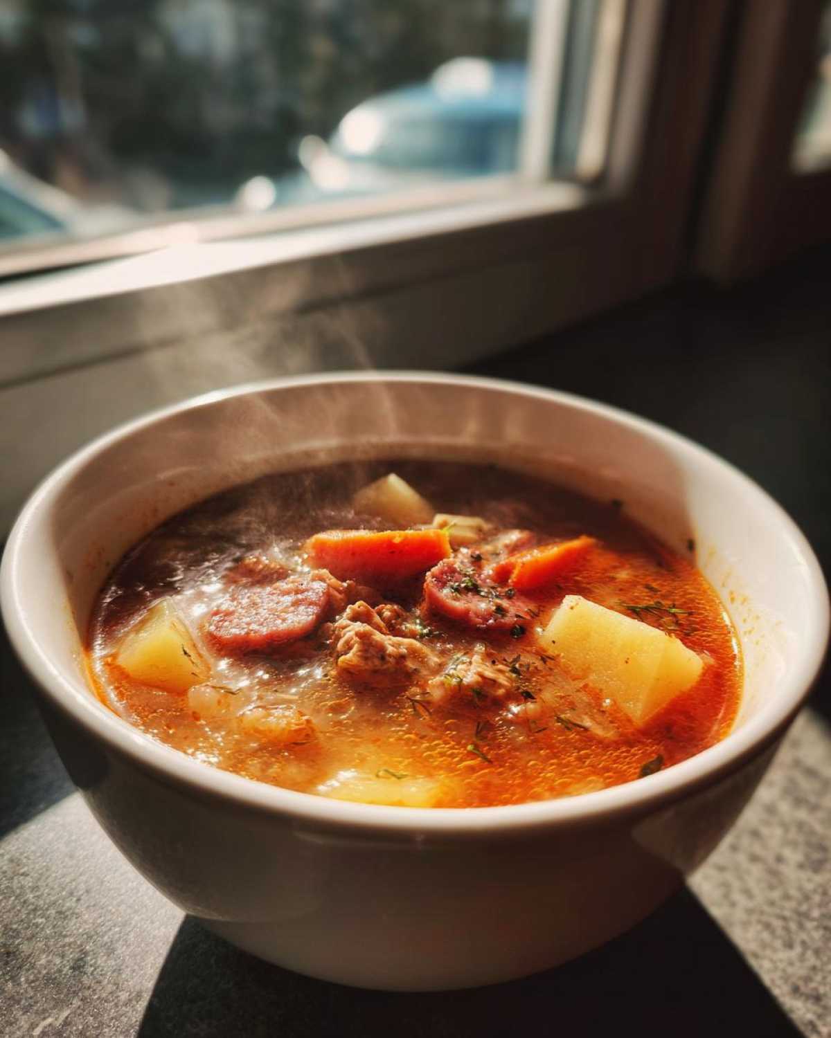 Close-up of a steaming white bowl filled with rich, orange-colored sauerkraut soup containing chunks of potato, sausage, and carrots.