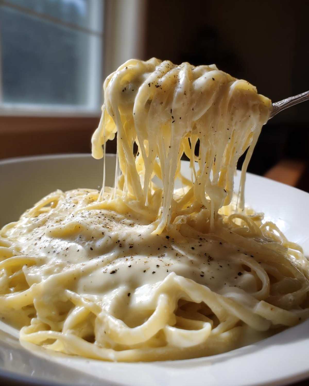 A fork lifts fettuccine coated in creamy, stretchy Olive Garden Alfredo Sauce, topped with black pepper.