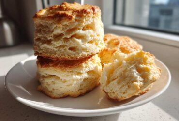 A stack of tall, golden-brown buttermilk biscuits showing off their flaky layers, served on a white plate.