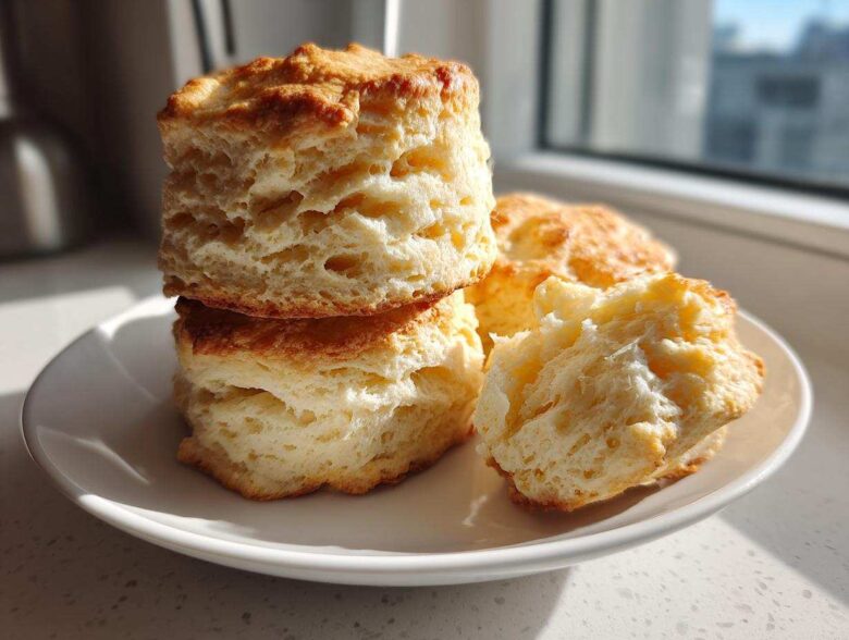 A stack of tall, golden-brown buttermilk biscuits showing off their flaky layers, served on a white plate.