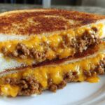 Close-up of a grilled sandwich cut in half, showing melted cheddar cheese oozing over ground meat filling in texas toast sloppy joes.