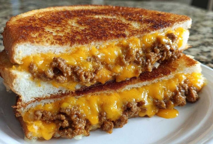 Close-up of a grilled sandwich cut in half, showing melted cheddar cheese oozing over ground meat filling in texas toast sloppy joes.
