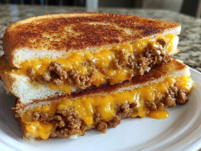 Close-up of a grilled sandwich cut in half, showing melted cheddar cheese oozing over ground meat filling in texas toast sloppy joes.