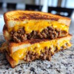 Close-up of a halved sandwich showing ground beef filling and melted cheddar cheese inside toasted texas toast sloppy joes.