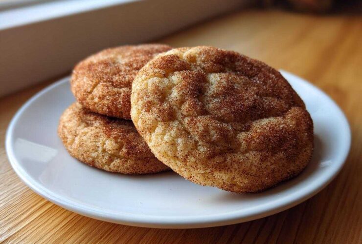 Three soft, chewy snickerdoodles heavily coated in cinnamon sugar resting on a small white plate.