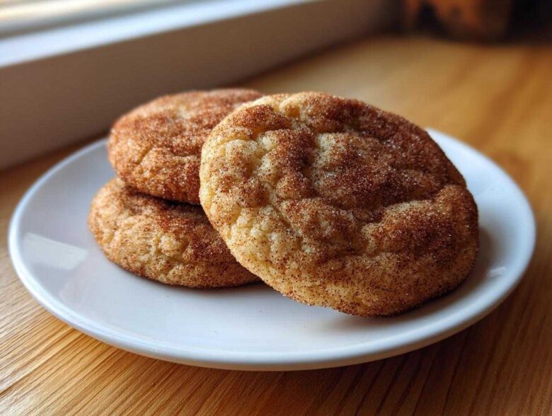 Three soft, chewy snickerdoodles heavily coated in cinnamon sugar resting on a small white plate.