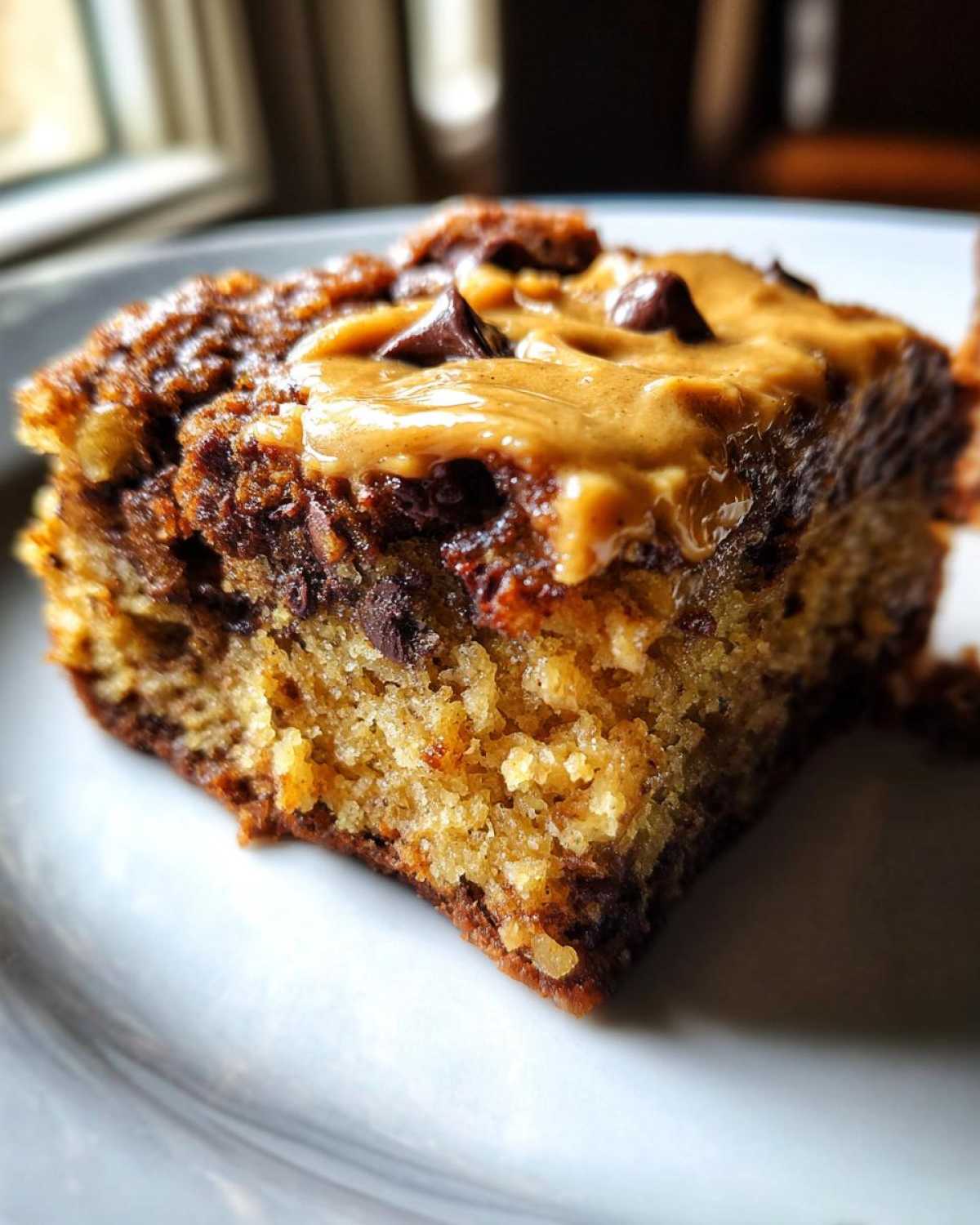 A close-up of a square slice of banana bread brownies topped with melted peanut butter and chocolate chips.