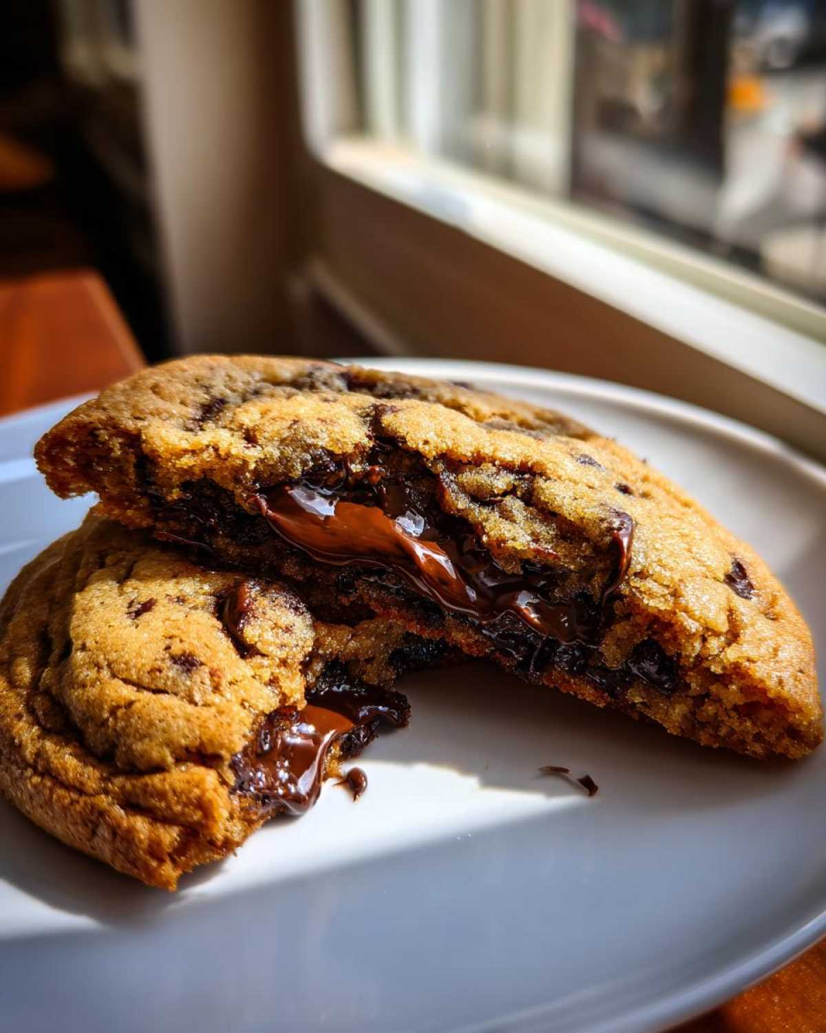 A freshly baked chocolate chip cookie broken in half showing molten, gooey chocolate filling.