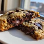 A perfectly baked chocolate chip cookie broken in half, revealing a gooey, melted chocolate center.