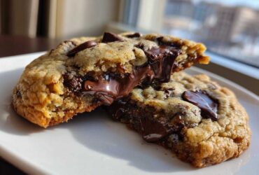 A perfectly baked chocolate chip cookie broken in half, revealing a gooey, melted chocolate center.