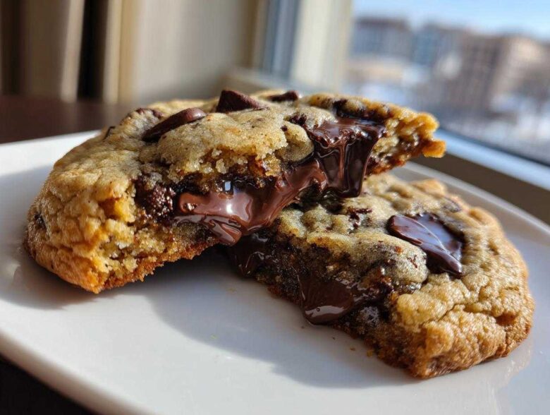A perfectly baked chocolate chip cookie broken in half, revealing a gooey, melted chocolate center.