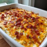 A close-up of a baked popper dip topped with melted cheddar cheese and crispy bacon bits.