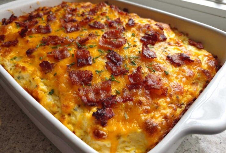 A baked popper dip topped with melted cheddar cheese, crispy bacon bits, and chives in a white rectangular dish.
