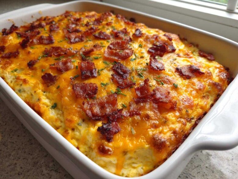 A baked popper dip topped with melted cheddar cheese, crispy bacon bits, and chives in a white rectangular dish.