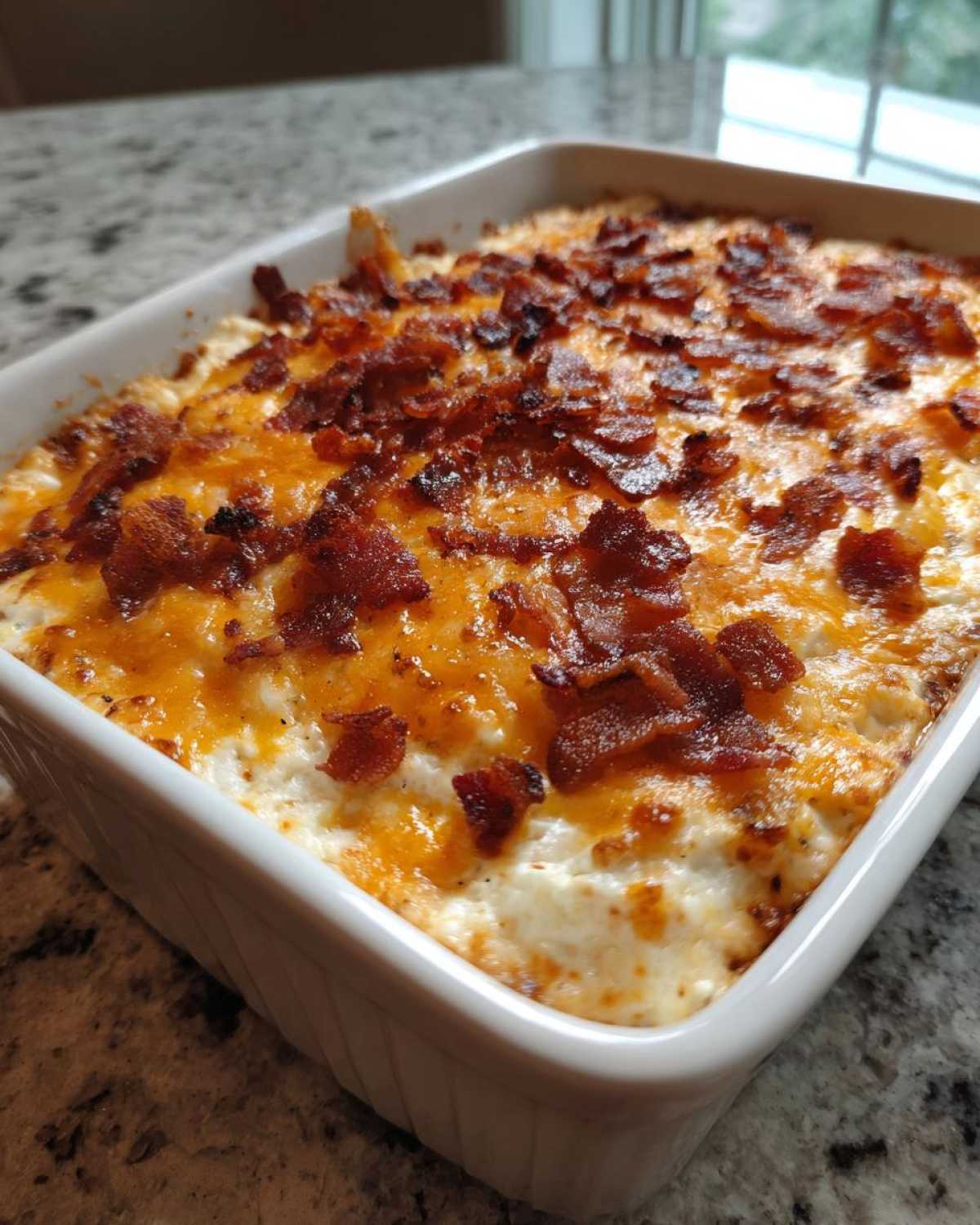 Close-up of hot, baked popper dip topped with melted cheddar cheese and crispy bacon bits in a white dish.