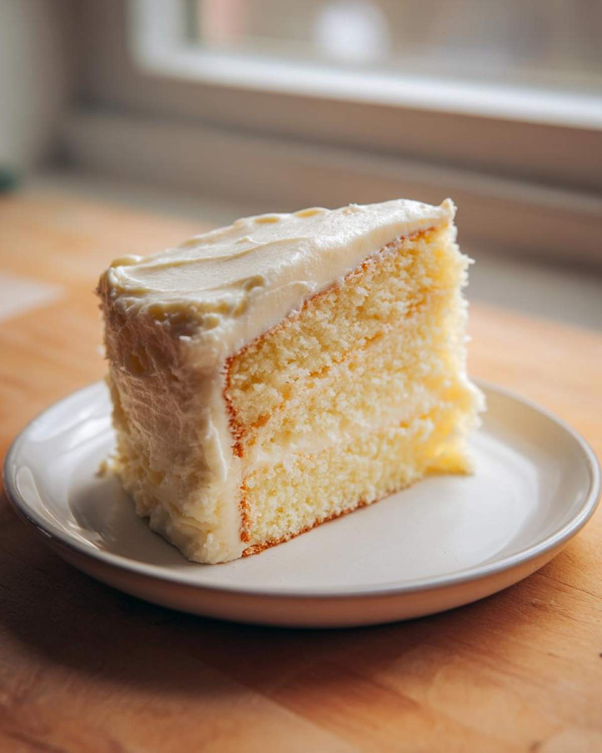 A perfect slice of moist vanilla cake recipe layered with white frosting, sitting on a small white plate.