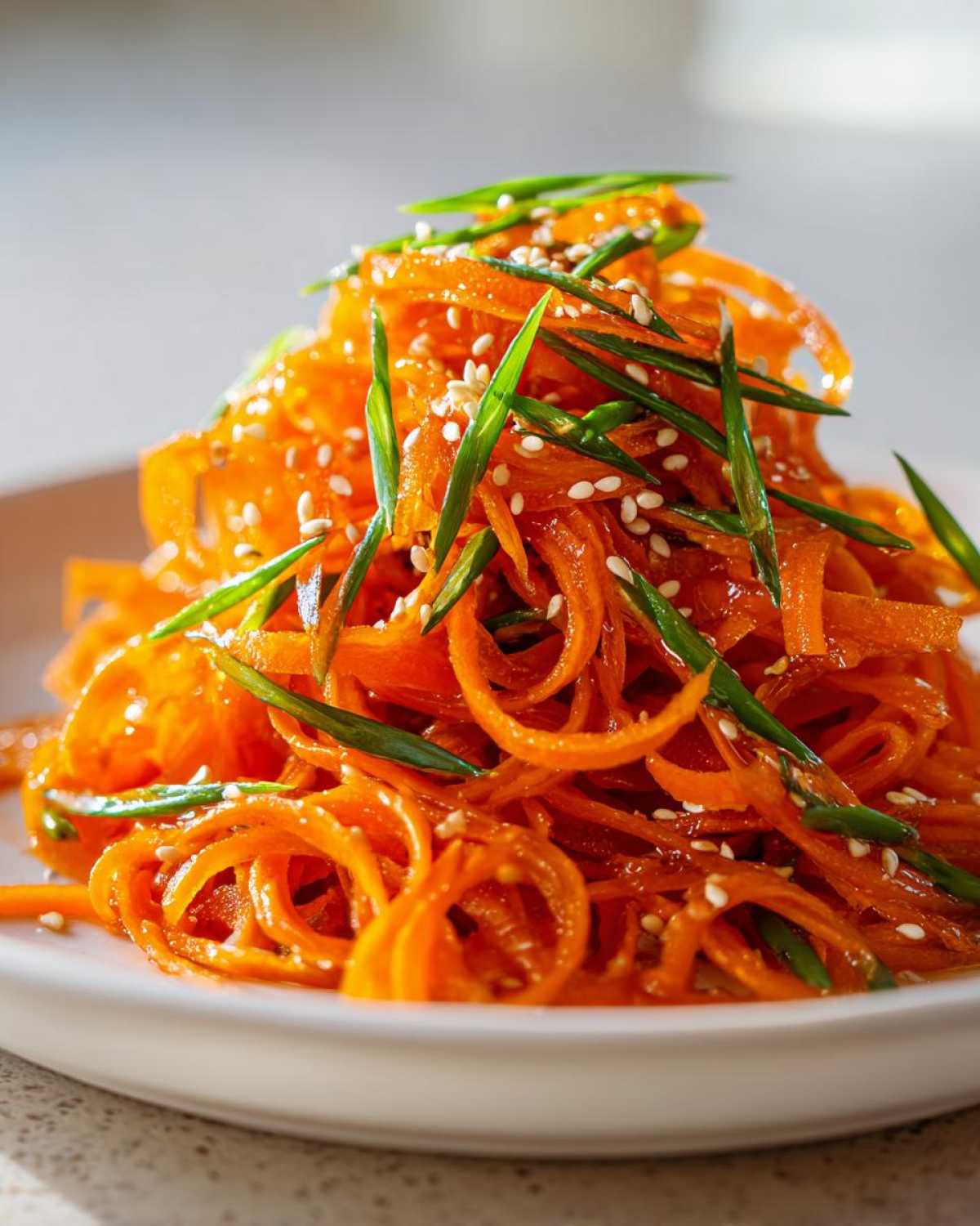 A close-up of a vibrant raw carrot salad, featuring spiralized carrots topped with green onions and sesame seeds.