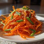 A bright mound of julienned raw carrot salad topped with sesame seeds and chopped green onions.