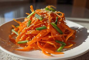 A bright mound of julienned raw carrot salad topped with sesame seeds and chopped green onions.