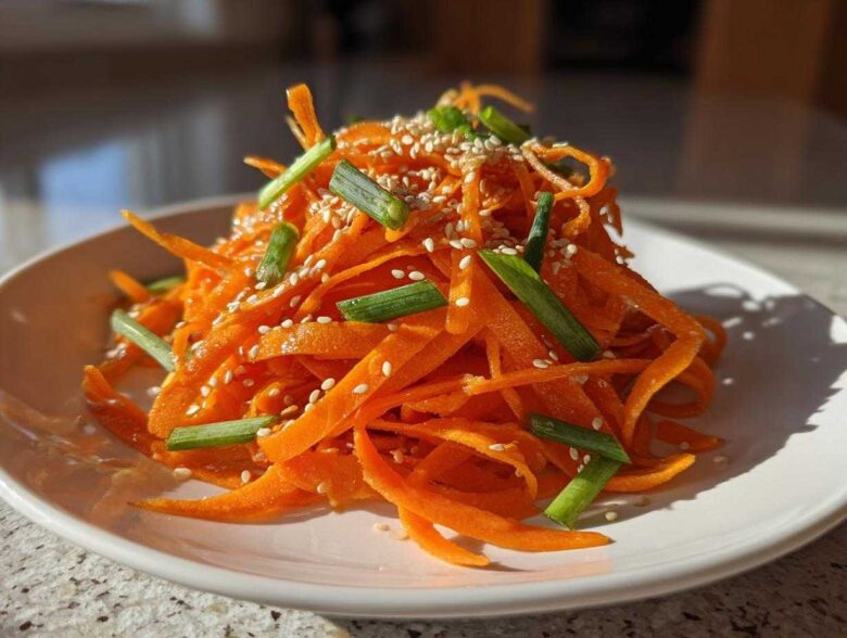 A bright mound of julienned raw carrot salad topped with sesame seeds and chopped green onions.