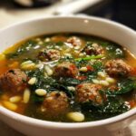 A close-up of a bowl of hot wedding soup featuring small meatballs, spinach, and pasta in a savory broth.