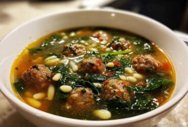A close-up of a bowl of hot wedding soup featuring small meatballs, spinach, and pasta in a savory broth.