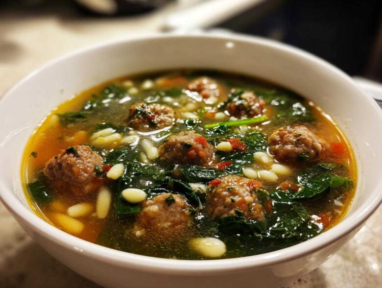 A close-up of a bowl of hot wedding soup featuring small meatballs, spinach, and pasta in a savory broth.
