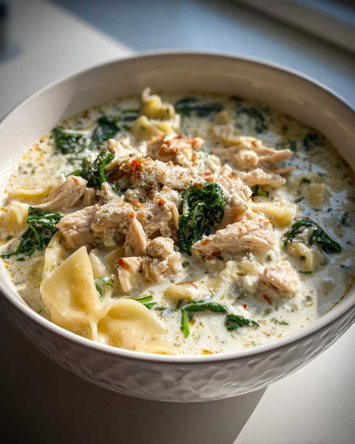 Close-up of a hearty bowl of white chicken lasagna soup featuring shredded chicken, pasta, and spinach in a creamy broth.