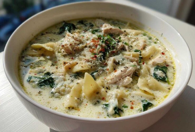 A close-up of a white bowl filled with creamy white chicken lasagna soup, featuring noodles, shredded chicken, and spinach.