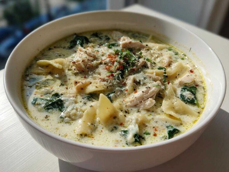 A close-up of a white bowl filled with creamy white chicken lasagna soup, featuring noodles, shredded chicken, and spinach.