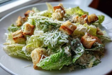 Close-up of a fresh Caesar salad featuring crisp romaine lettuce, creamy dressing, crunchy croutons, and grated Parmesan cheese.