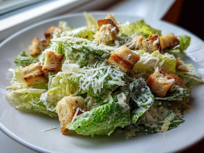 Close-up of a fresh Caesar salad featuring crisp romaine lettuce, creamy dressing, crunchy croutons, and grated Parmesan cheese.