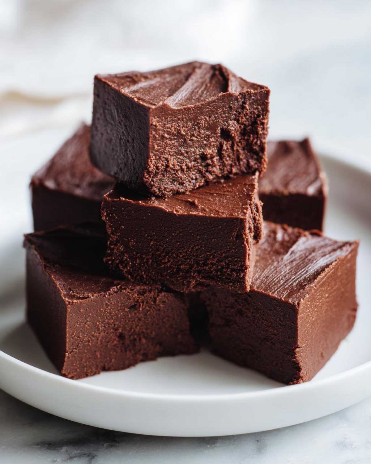 A stack of rich, dark chocolate fudge squares piled on a white plate, showing the dense texture of the fudge.
