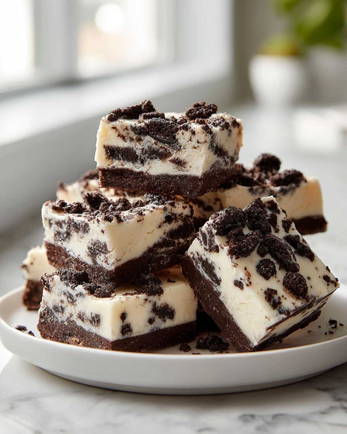 A stack of rich, creamy Oreo fudge squares with a dark chocolate base and white filling studded with cookie pieces.