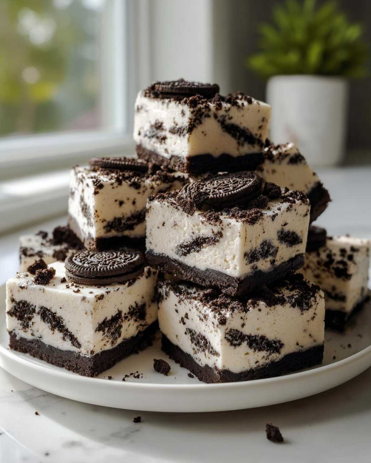 A stack of creamy white and dark chocolate squares of Oreo fudge topped with cookie pieces.