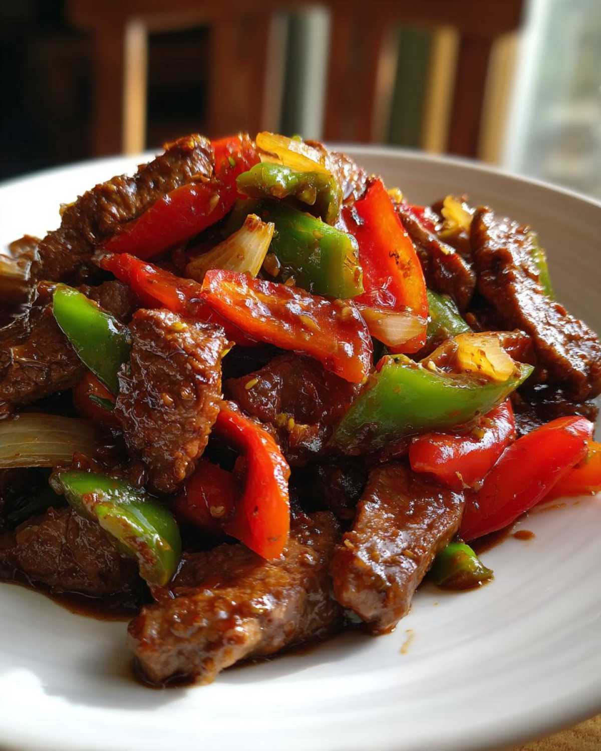 Close-up of savory pepper steak strips mixed with bright red and green bell peppers and onions in a rich brown sauce.