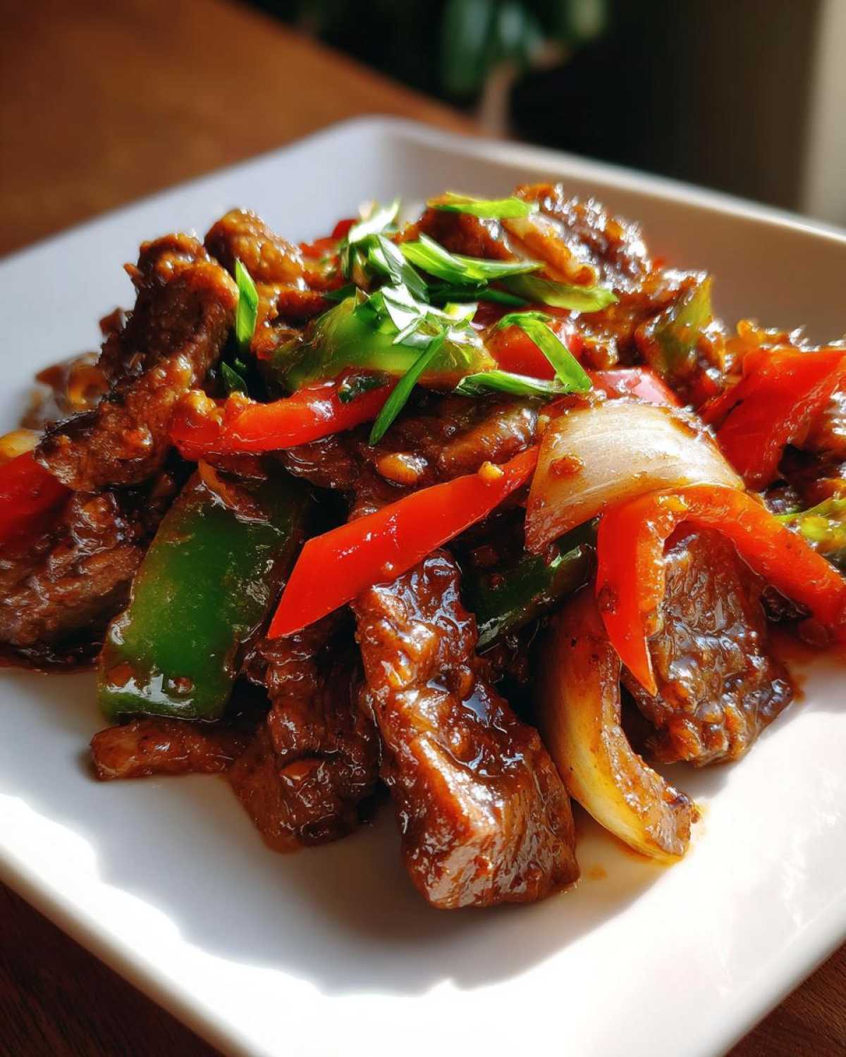 Close-up of glossy, saucy pepper steak strips mixed with red and green bell peppers and onions.