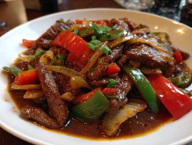 A close-up of a white plate filled with saucy pepper steak featuring strips of beef, red and green bell peppers, and onions.