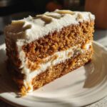 Close-up of a moist slice of two-layer spice cake generously topped and filled with thick white cream cheese frosting.