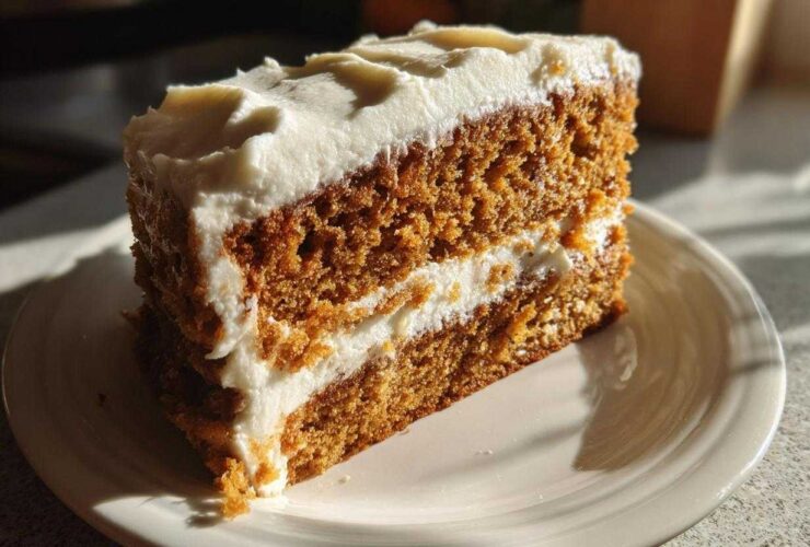 Close-up of a moist slice of two-layer spice cake generously topped and filled with thick white cream cheese frosting.